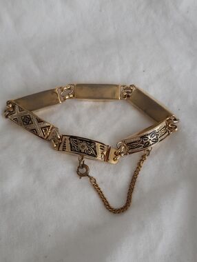 Damascene Etched Panel Link Bracelet with Safety Chain - Women's Bracelet